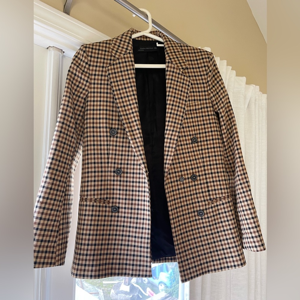 Checked Double-Breasted Blazer Jacket - Brown/Bla… - image 2
